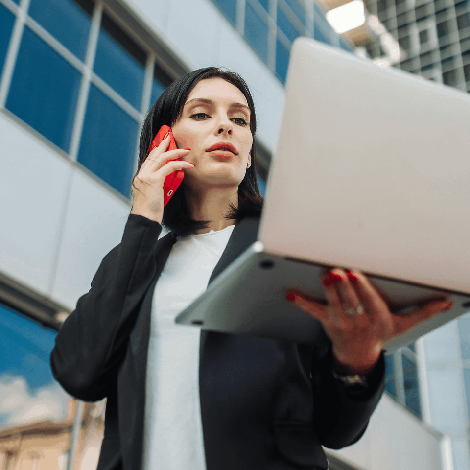 Woman phone laptop square